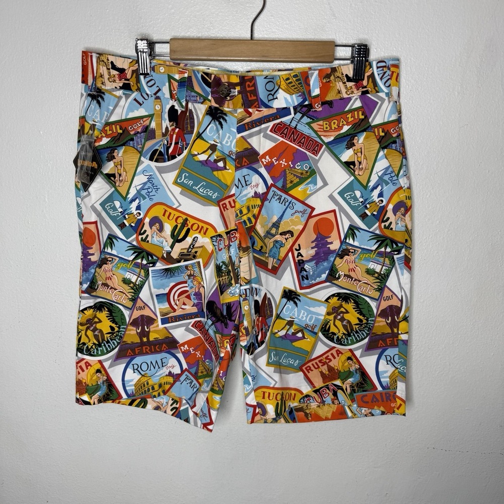 New Loudmouth Postcards From The Wedge Vacation Golf Shorts Resortwear Men's 34